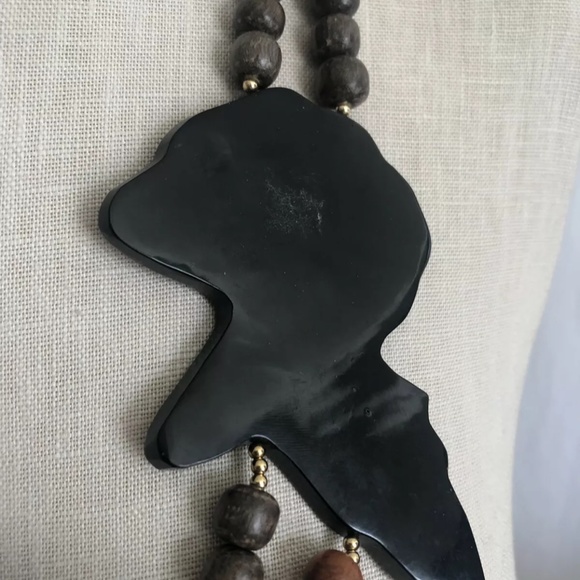 Boho Wood Gold Inlay Statement Pendant Necklace Artisan Flower Leaves Beads 26" - Picture 5 of 5